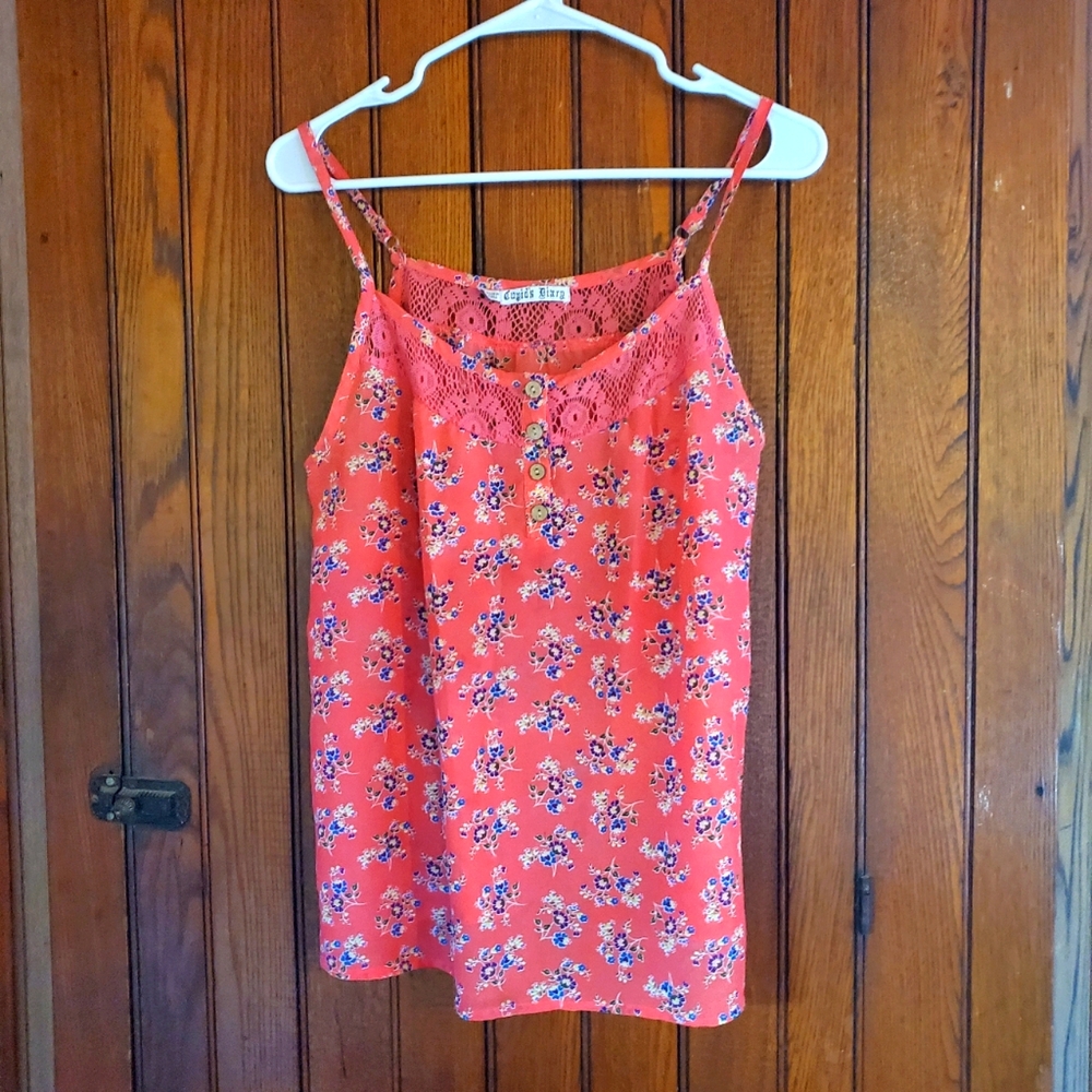 Floral Coral Lace Trim Cami Top, Medium